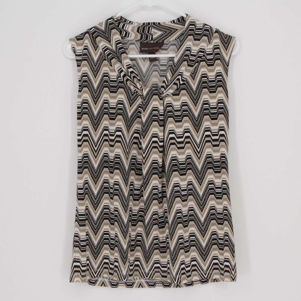Dana Buchman Women's Brown Chevron Sleeveless Tie Neck Blouse Size Small